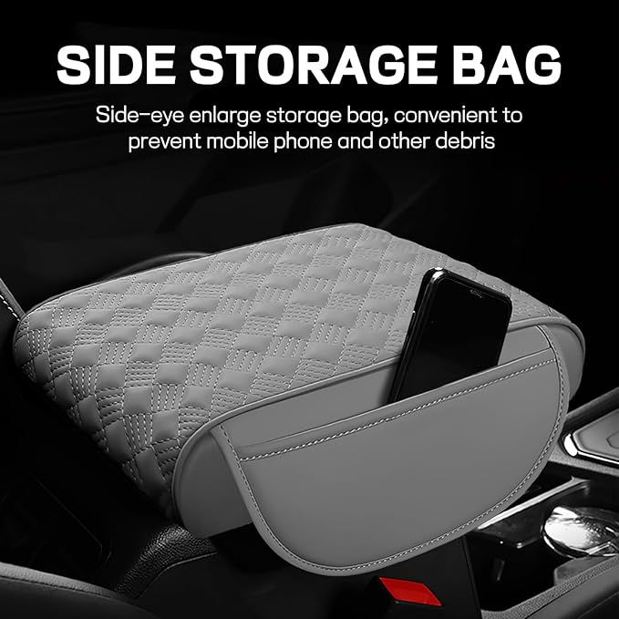 Car Armrest Cushion, 12.2"×8.3" Leather Auto Memory Foam Center Console Pad with Storage Pocket, Waterproof & Anti-Scratch Elbow Pillow Armrest Seat Box Protector, Universal Fit (Gray)
