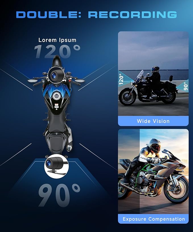 Dual Channel Dash Cam for Motorcycle, 3" HD IPS Screen, 720P Front and 480P Rear, Parking Monitoring, G-Sensor, Motion Sensing, Loop Recording, IP67 & HDR, for All Motorcycles