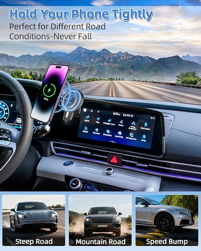 PZK Car Phone Holder for Hyundai Elantra 2021-2025 2026 SE/SEL/Sport/Limited/N Line Accessories 8-Inch/10.25-Inch Screen Magnetic 15W Fast Wireless Charger Car Phone Mount Not Affect Air Vent