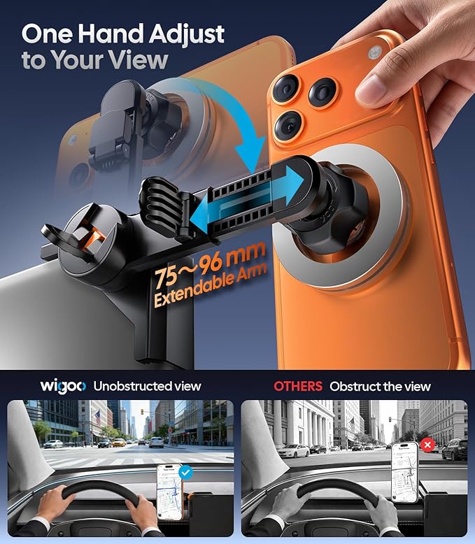 Wigoo Magnetic Phone Mount for Tesla Model 3/Y/S/X Accessories, 【Strongest Magnet & No Blocking View】Screen Side Magnetic Holder for Magsafe iPhone 17-12 & Android - Vacuum & Extendable Arm (No Glue)