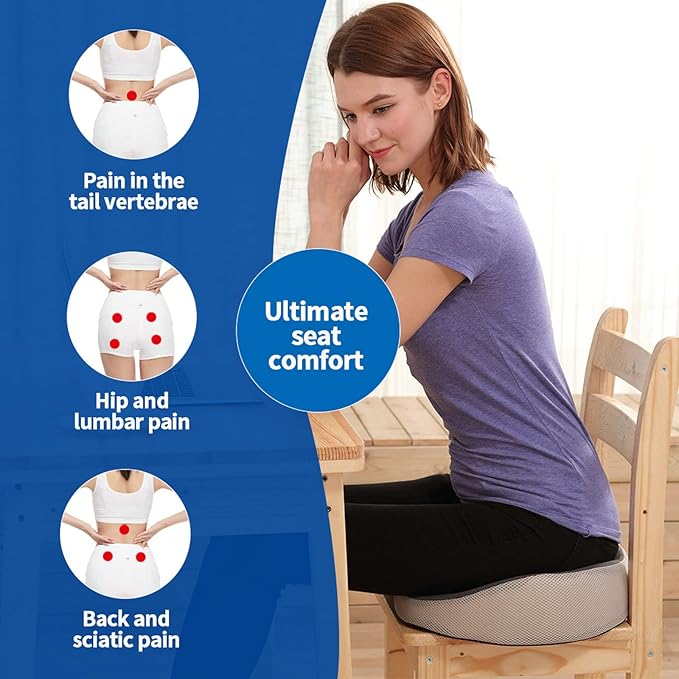 Memory Foam Seat Cushion, Pressure Relief Seat Cushion for Tailbone Pain, Anti-Skid Comfortable Hip Pillow, Support Cushion for Office Chair, Car, Wheelchair, Sciatica and Backache (Black)