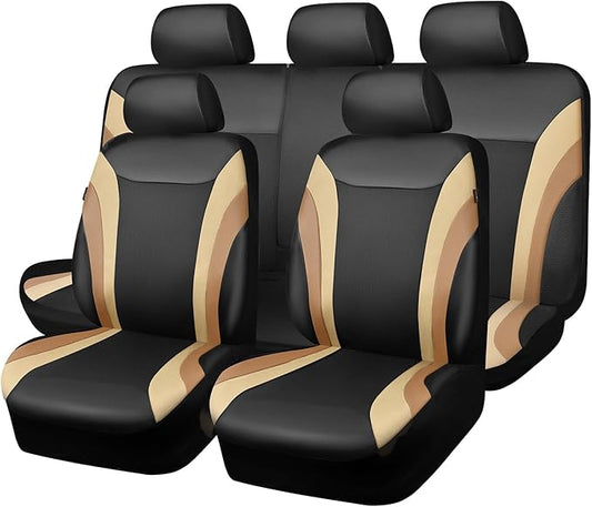 CAR PASS Line Rider Leather Car Seat Covers Sporty Car Seat Covers Full Set,5mm Composite Sponge,Airbag Compatible,Universal Fit 95% Automotive SUV Sedan(Black Beige)