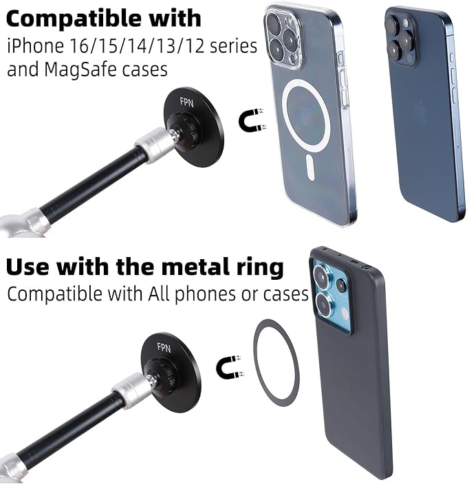 Magnetic Phone Holder with AMPS Mounting Plate Drill Base & 360°Rotation 10" Magic Arm, Magnet Phone Mount for Wall/Desk/Truck/Car/Workbench, Compatible with Magsafe iPhone 16 15 14 13 12 Series