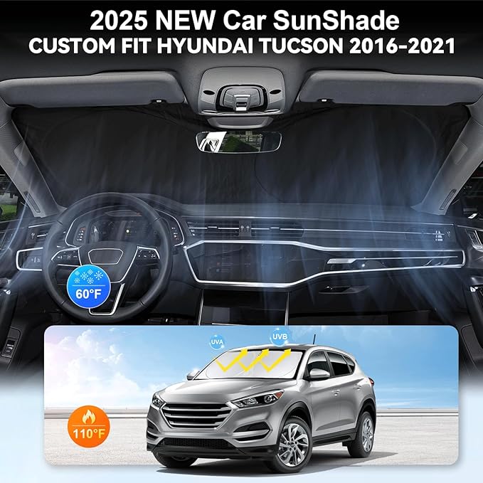 Custom Fit Tucson Windshield Sunshade for Hyundai Tucson 2016 2017 2018 2019 2020 2021 Front Window Shades Cover for Windshield Sun Visor Protector 210T Reflector Blocks UV Rays Cooler Car Accessories
