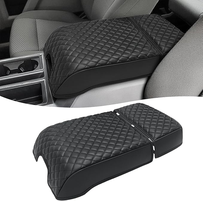 KBH Center Console Armrest Cover for Ford F250 F350 F450 F550 2017-2022, F150 2015-2020, Expedition 2018-2024, Bucket Seat, PU Leather Cushion Pad, Black (Armrest & Cup Holder Cover Set)