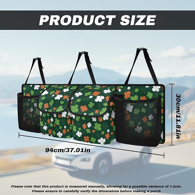 Lucky Leaf Car Trunk Organizers, St. Patrick's Day Backseat Hanging Organizer with 4 Large Storage Bag, Waterproof Car Organizer with Adjustable Strap, Road Trip Large Capacity Bag