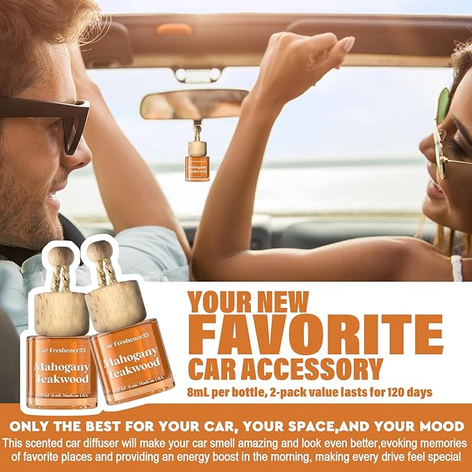 C Classy Hanging Car Air Freshener 2 Pack, Mahogany Teakwood, Brown Glass Bottle Diffuser, Long-Lasting Fragrance, Cute Car Accessories for Women & Men, Made in USA