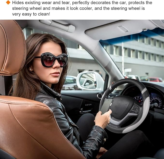 Car Steering Wheel Cover, Non-Slip Leather Auto Steering Wheel Protector, Comfortable Steering Wheel Cover Protector for Most Cars, Universal Interior Car Accessories (Gray)