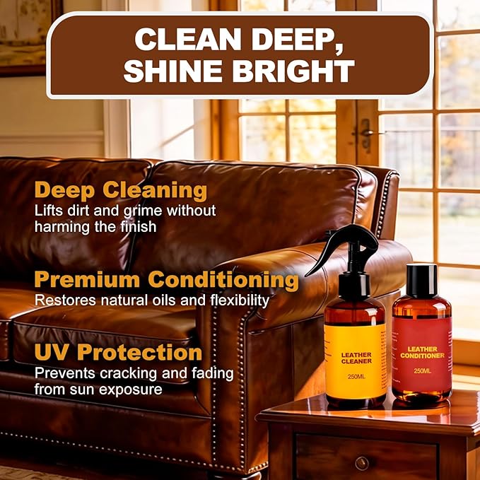 Leather Cleaner and Conditioner for Couch: Complete 2-Step Care Set for Car Interior Furniture Sofa Shoes Bags & Jackets - Restores Dry Cracked Faded & Scratched Leather