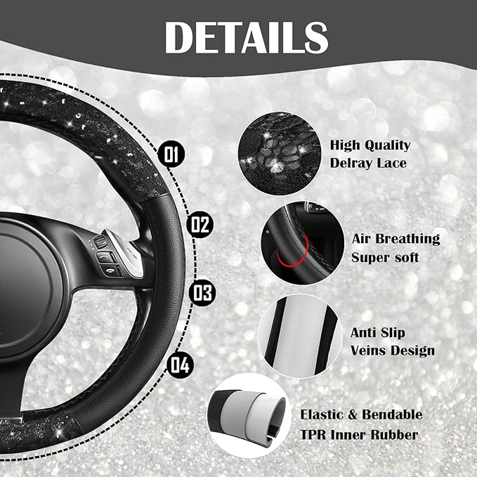 CAR PASS Universal Black Leather Lace Car Seat Covers Full Set for Women Girls,Waterproof Car Floor Mats Carpet,Glitter Steering Wheel Cover for Cars Accessories Interior Sets (Black)