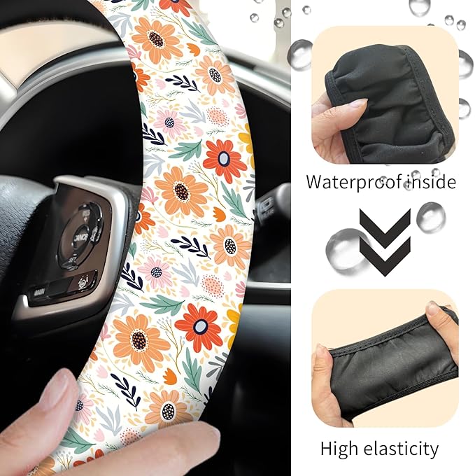 Car Steering Wheel Cover, Universal 15 Inch Neoprene Non-Slip Steering Wheel Covers, Funny Car Accessories for Women Men Fit Auto, Suvs, Truck Colorful Adorable Flowers