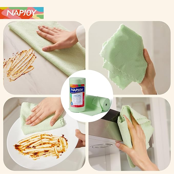 Napjoy Microfiber Cleaning Cloth Roll, 75PK Easy Tear Away Reusable Paper Towels, 12" x 12", Lint-Free and Scratch-Free with Patented Fiber Technology Microfiber Towel Roll, Green