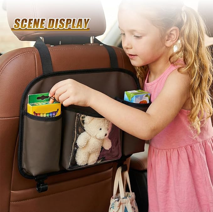 Craedli 3 in 1 Car Back Seat Organizer with Cup Holder & Hook, Multifunctional Car Seat Back Storage Box for Hold Phone Drinks Handbag, Travel Accessory Auto Interior Organizer with Tissue Box (Brown)
