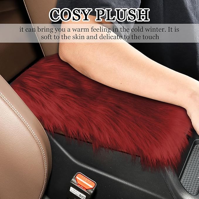wuyaoyao Furry Car Armrest Cover, 12.1"×6.4" Soft Plush Car Center Console Cover, Winter Warm Fluffy Arm Rest Cover for Car, Auto Armrest Box Cover Protector, Universal Middle Console Pad (Wine Red)