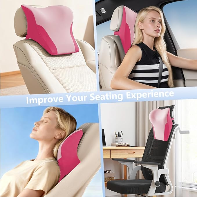 BABUR Car Headrest Pillow | Ergonomic Memory Foam Neck Shoulder Support Pillow with Adjustable Design & Enlarged Surface | Pain Relief for Driving Travel Sleeping | Pink1 Pack