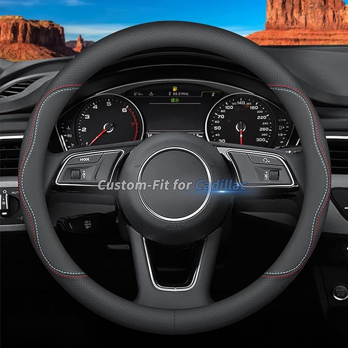 Custom-Fit Leather Steering Wheel Cover for Cadillac, A-Style, Non-Slip, Breathable