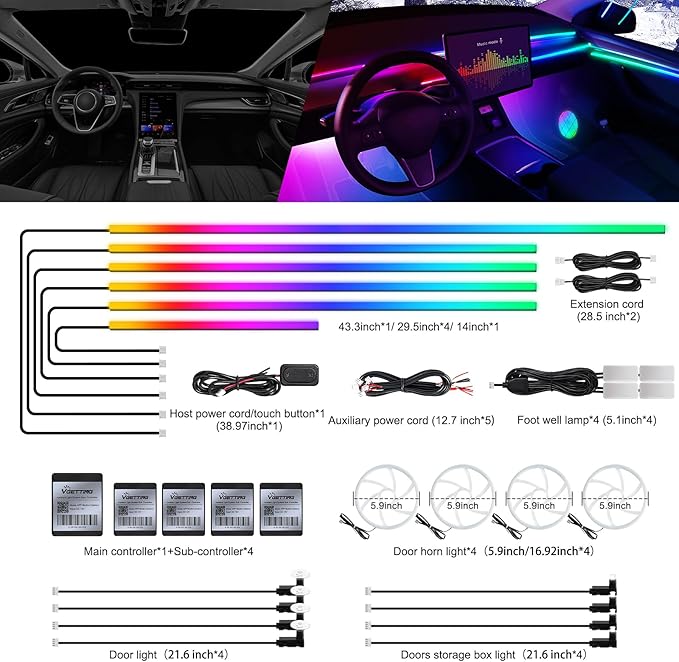 Dreamcolor Acrylic Interior Car LED Strip Light with Wireless APP, Dual Zone RGB 22 in 1 with 175 inches 600 LEDs Fiber Optic Ambient Lighting Kits, Music Sync Neon LED Strip for Car Accessories