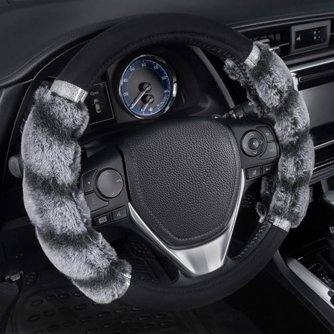 BDK Bear Fur Plush Steering Wheel Cover - Cute Faux Wool Protector for Women Girls Fits Wheels 14.5-15 inch Bear Fur - Black/Gray with Glitter