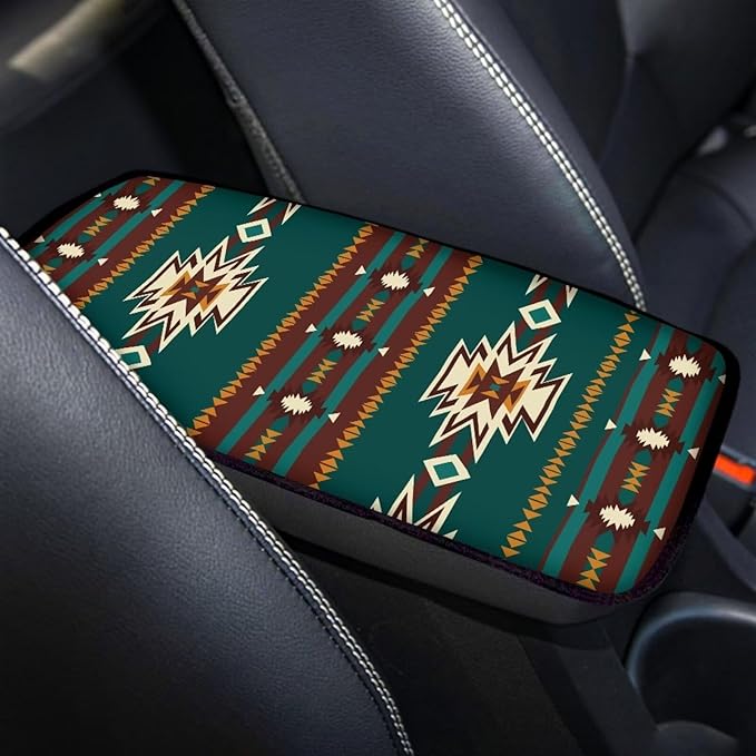 Dreaweet Aztec Car Center Console Cover Southwestern Native American Green Navajo Print Car Armrest Cover Pad Console Covers Universal Arm Rest Cover for Car SUV Truck