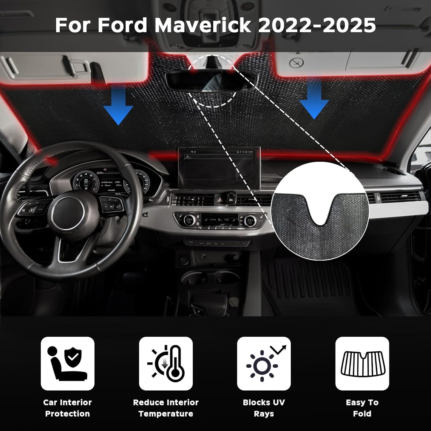 Windshield Sun Shade for Ford Maverick 2022-2025 - 5-Layer Bubble Foldable Front Window Shade Sun Visor Accessories - Blocks Heat & UV Rays