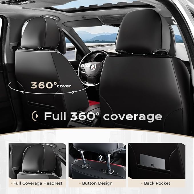 Coverado Seat Covers, Car Seat Covers Front Seats, Car Seat Cover, Car Seat Protector Waterproof, Seat Cushion Nappa Leather with Head Pillow, Carseat Cover Universal Fit for Most Cars (Black&Red)