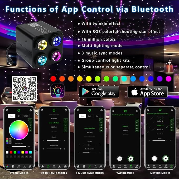 AKEPO 36W 4 Color Twinkle Fiber Optic Starlights Headliner Lights Kit, Optical Fibers Music Sync Bluetooth APP Control Starlight Kit, 600pcs*13.1ft + 240pcs Colorful Shooting Star