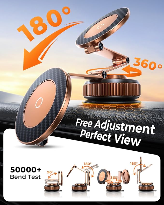 2026 Upgraded 360°Rotation Nano Gel Suction Phone Holder, Foldable Metal Vacuum Magnetic Phone Holder [119+LBS Strongest Suction & Magnetic] Phone Mount for Your Car for iPhone 17 16 Pro Max-Golden