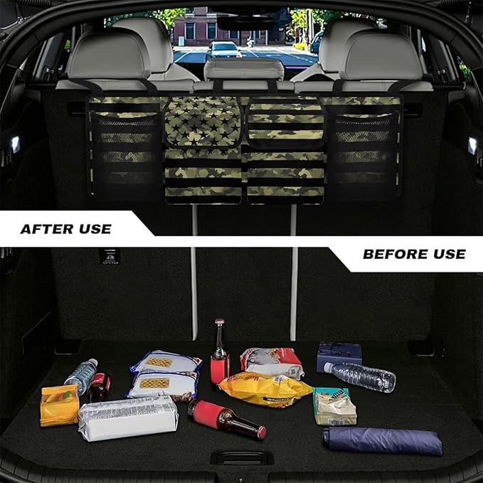 Car Trunk Organizer, American Flag Camo Large Capacity Backseat Trunk Organizer with Adjustable Straps, Backseat Hanging Car Storage Organizer Foldable Cargo Storage