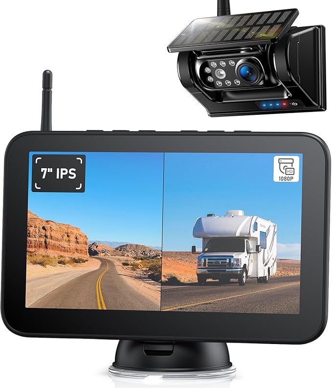 Magnetic Solar Wireless Backup Camera 1080P 7" DVR Monitor, Rechargeable RV Camera Wireless System for Hitch Towing Travel RV Camper 5th Wheel, Built-in 9600mAh Battery & Solar Panel -ZEROXCLUB BD701