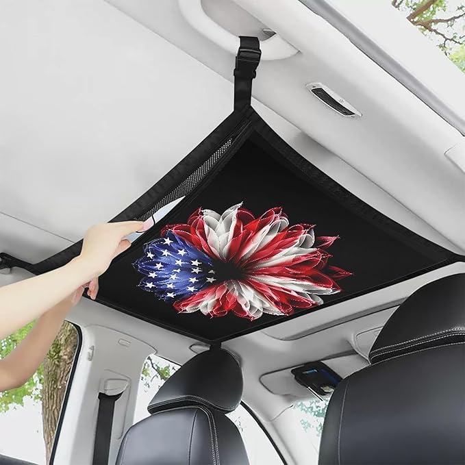 NDISTIN Sunflower Car Ceiling Cargo Net Pocket with Zipper American Flag Car Roof Storage Bag with Adjustable Buckle Easy Install Car Ceiling Storage Net for Truck SUV Van