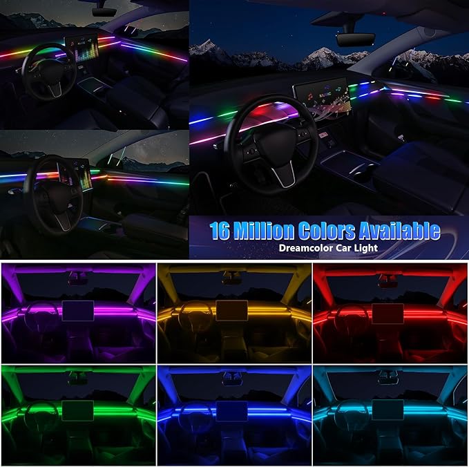 Acrylic Interior Car LED Strip Light with Wireless APP, RGB Dreamcolor 6 in 1 with 175 inches 600 LEDs Fiber Optic Strip Lights for Car, Dynamic Chasing Sound Active Neon Car Ambient Lighting Kits
