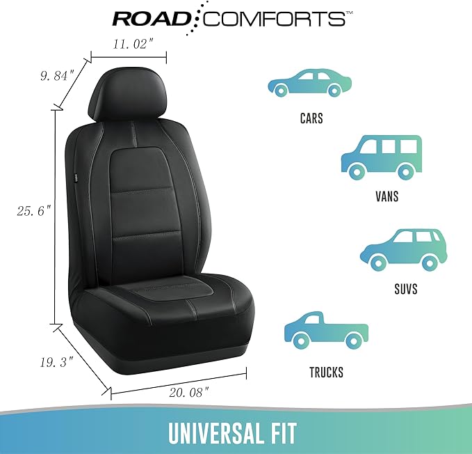 Road Comforts Car Seat Cover, Front Leather Car Seat Covers, Automotive Low Back Sport Car Seat Covers, Airbag Compatible, Universal Fit for Most Cars, SUVs, Trucks and Vans