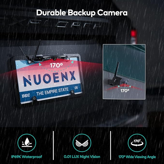 Backup Camera for RV, Split Screen 5 Inch HD Monitor W/Wireless License Plate Backup Camera & Wireless Rear View Camera, IR Night Vision Waterproof For Trailer, 5th Wheel