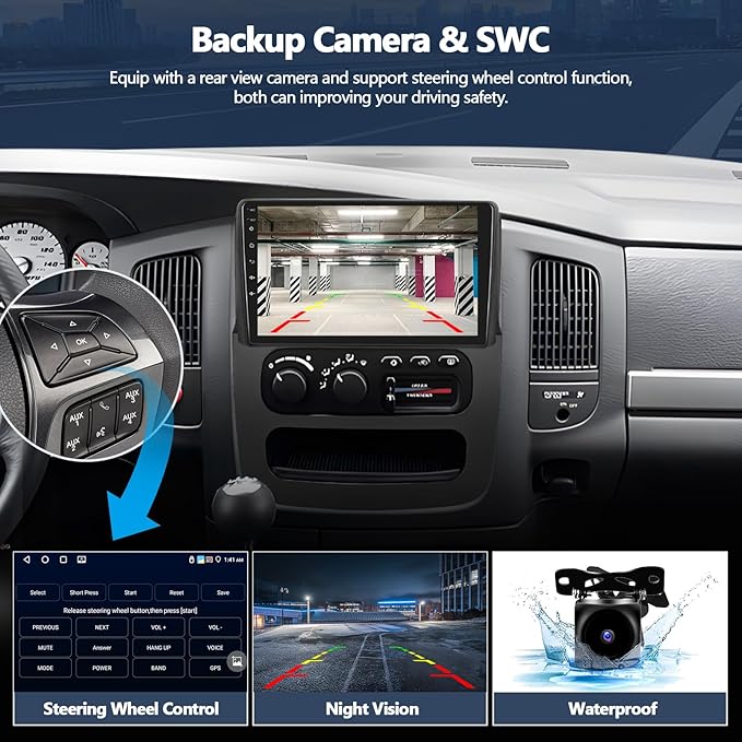4G+64G Car Stereo Radio for 2002 2003 2004 2005 Dodge RAM 1500 2500 3500 with Wireless CarPlay Android Auto Android 15 Head Unit 9" Touch Screen Radio with 16EQ GPS FM Bluetooth 5.0 HD Backup Camera