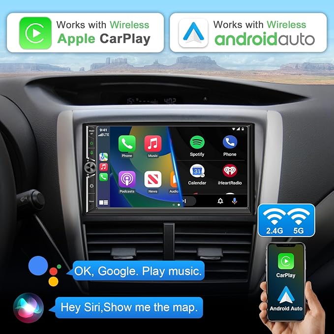 Double Din Car Stereo Wireless Apple CarPlay Android Auto,7 in Android Car Radio Head Unit with QLED Touchscreen, Bluetooth,WiFi, GPS Navigation, FM/USB/SWC/AUX/Subwoofer
