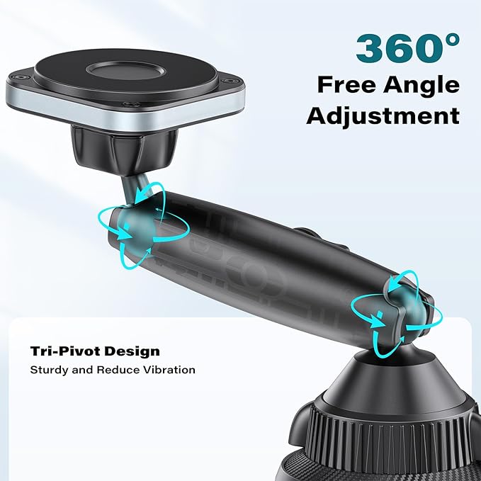 EXELIQ Upgraded Magnetic Cupholder Phone Holder for Car - Ultra Strong N55 Magnets, Flexible Tri-Pivot Cup Phone Mount for Tesla Truck SUV, Compatible with iPhone 17-12 Samsung Android, Not Charger
