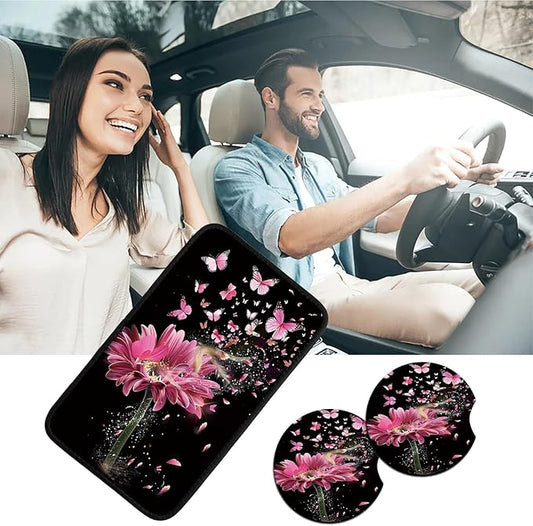 Car Armrest Cover Pads Universal Fashion Cute Auto Center Console Armrest Cover Pad with 2PCS Car Coasters Soft Waterproof Car Armrest Seat Protector for Women, Pink Gerbera Daisy Butterflies
