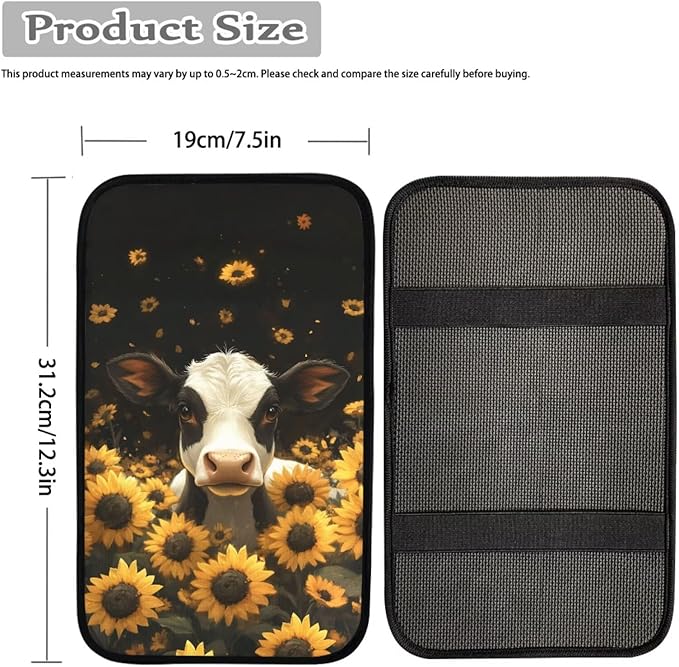 Cow Sunflower Print Armrest Cushion Cover for Car Neoprene Car Center Console Cushion Pad Non Slip Decorative Armrest Seat Box Cover for SUV Truck Sedan