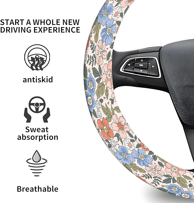 Elastic Car Steering Wheel Cover, Universal 15 inch Non-Slip Breathable Neoprene Steering Wheel Protector, Car Accessories for Women Men Fit Auto, Suvs, Truck Colorful Floral Bloom