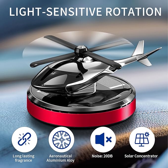 Car Air Freshener, Helicopter Solar Energy Rotating Aromatherapy Al Alloy Diffuser,Long-Lasting Fragrance, Interior Decoration Accessories Diffuser for Car and Home (Red)