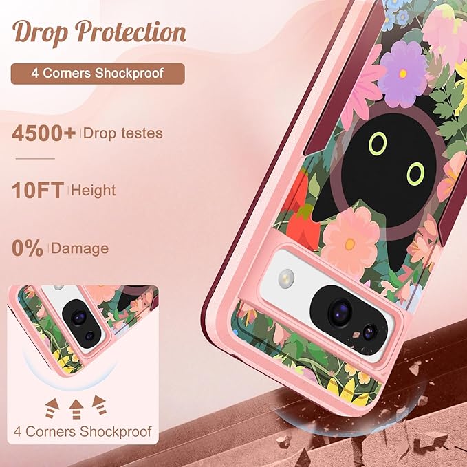 for Google Pixel 8A Case 6.1 Inch - Compatible with MagSafe Women Girls Cute Magnetic Protective Cover Girly Cat Flower Floral Heavy Duty Shockproof Design for Google Pixel 8A Phone Cases