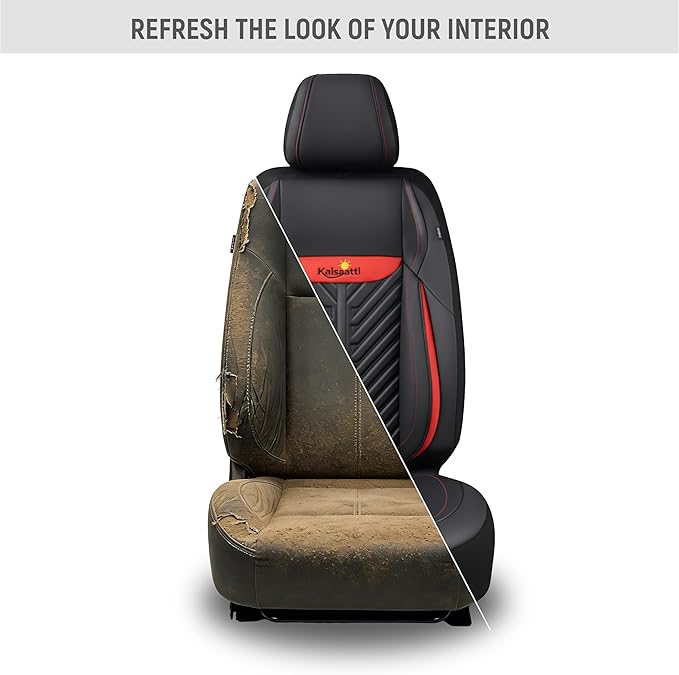 PU Leather Car Seat Covers Front Set – Waterproof seat Cover for Cars，3D Foam Support Automotive seat Covers ，Airbag Compatible, Universal Fit for Cars SUVs Trucks Sedans（Black/Red）