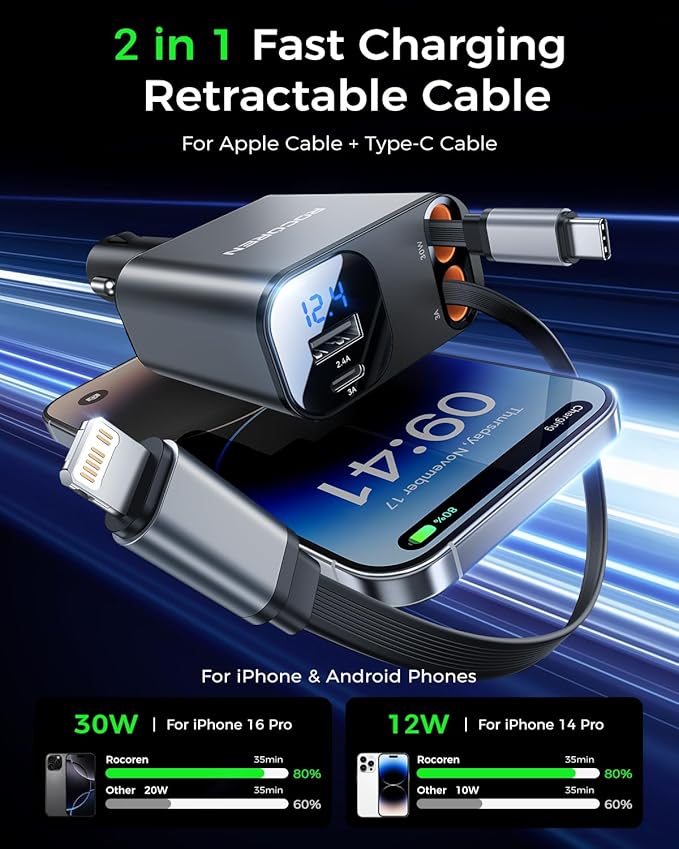 Retractable Car Charger for iPhone 17,Rocoren 4 in 1 USB C Car Charger with Dual Cord,69W Fast Charging Cigarette Lighter Adapter,Road Trip Essentials,Car Accessories Gifts for iPhone 16/15/14,Galaxy