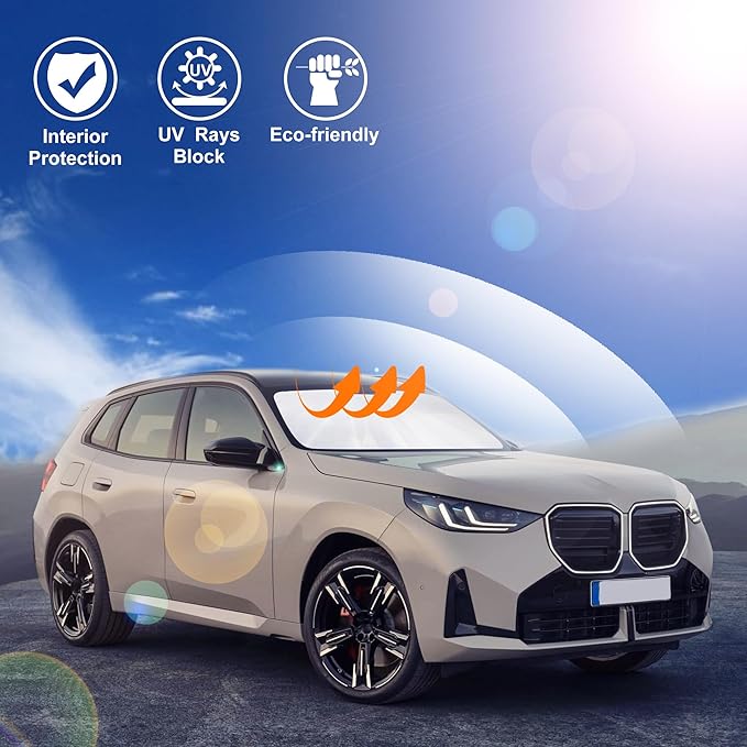 Windshield Sun Shade Custom Fit for 2025 2026 BMW X3 Accessories Foldable Sunshade Sun Blocker Protect Car from Sun Rays & Heat Damage Keep Car Cooler