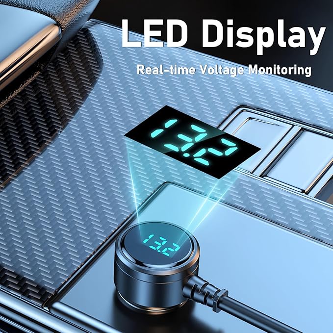 7 in 1 Cigarette Lighter Splitter, Tendak 150W Car Adapter with PD30W Type-C & 2 USB Charging Ports, LED Voltmeter, Independent Switches, Plug Outlet 12V/24V (3.3ft Cable)