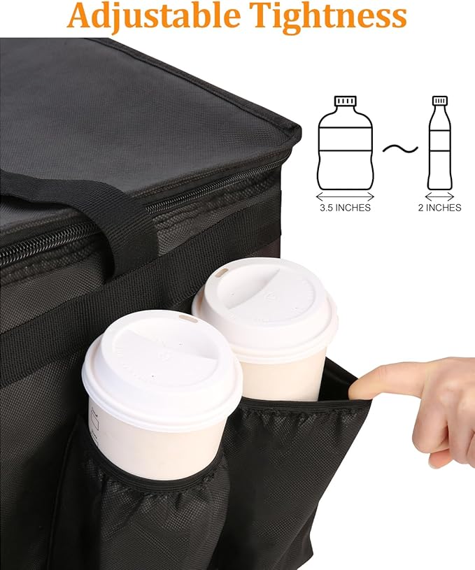 Bodaon Insulated Grocery Bags with 4 Cup Holders -Insulated Bags for Food Delivery with Zippered Top, Food Carrier for Catering, Pizza Bag and Cooler Bag for Takeout, Picnic, Shopping, Car Use