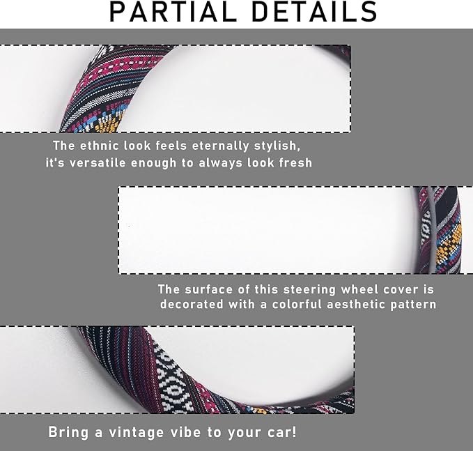 Boho Steering Wheel Cover, 15.0"×15.0" Anti-Slip Baja Blanket Ethnic Steering Wheel Protector, Breathable Flax Cloth Elastic Bohemian Steering Wheel Cover, Car Accessories (Style J)