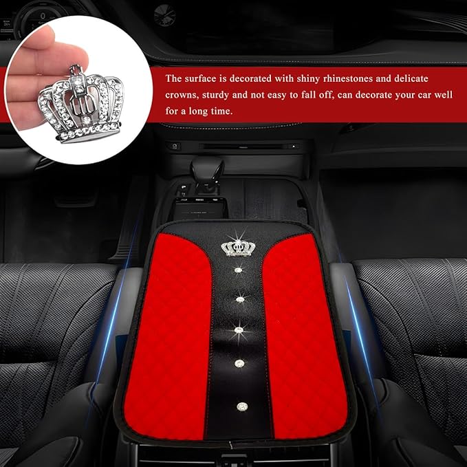 Bling Leather Car Center Console Cover, Anti-Slip Crown Armrest Seat Box Cushion Pad with Rhinestones, Waterproof Crystal Arm Rest Protector Interior Decor for Most Vehicles (Red)