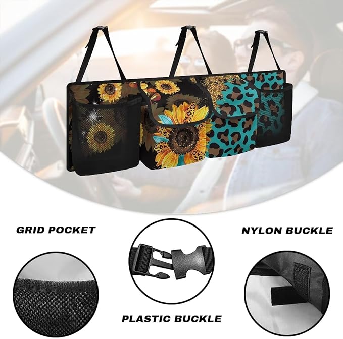 Sturdy Car Backseat Trunk Organizer Leopard Sunflower Pattern Trunk Storage Bag for SUVs, Vans, Cars Car Organization Women
