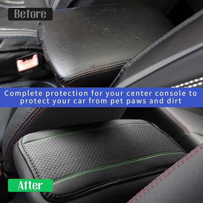 Ziciner Car Center Console Armrest Pad, 12.6X 7.2 Inch PU Leather Waterproof Auto Armrest Seat Box Cover Protector, Universal Car Interior Accessories (Black & Green)